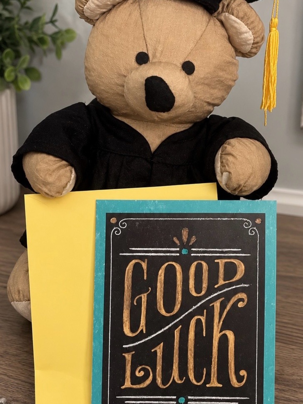 Hallmark Good Luck Card with Teal Border and Yellow Envelope